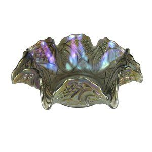 Imperial Bowl Smoky Carnival Glass Diamond Peacock Purple Ruffled Size 3.5 in